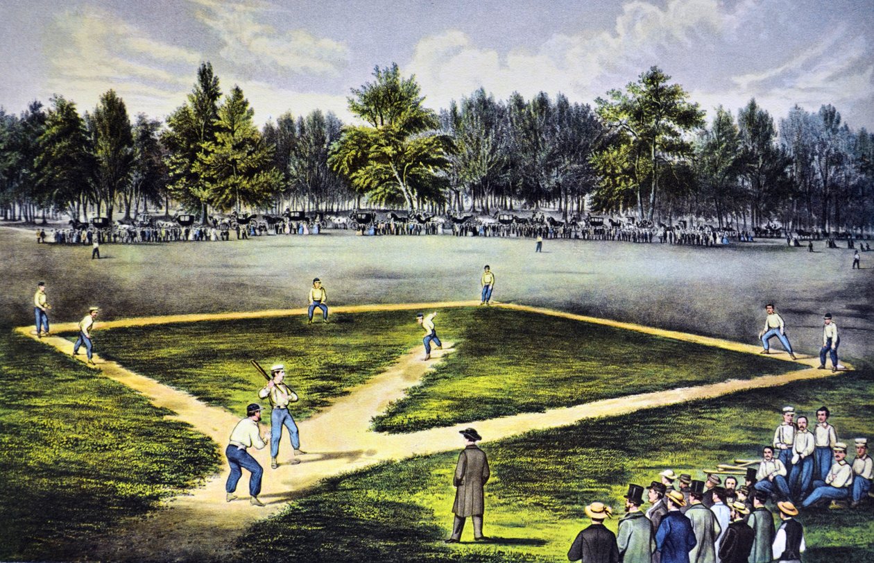 Det amerikanska nationalspelet Base Ball av N. and Ives, J.M. Currier