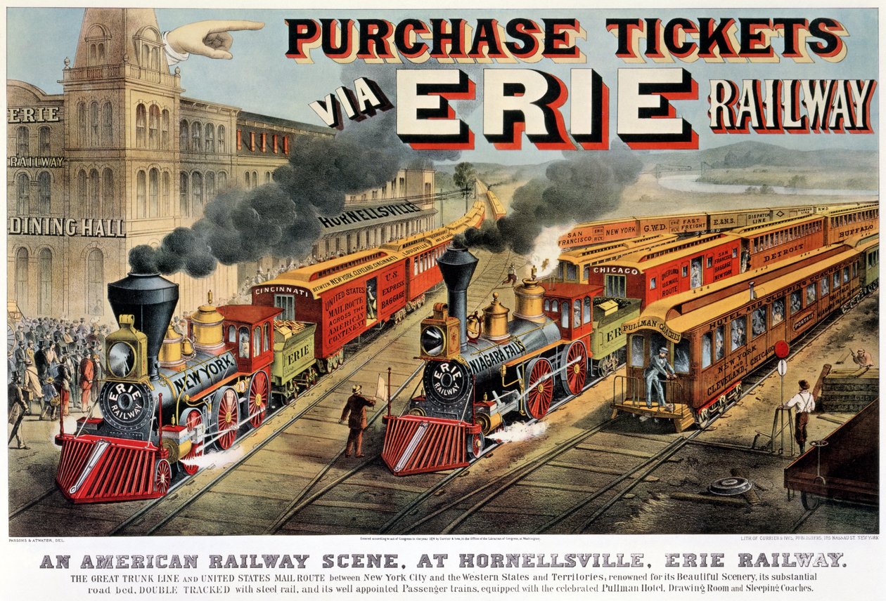 The American Railway Scene i Hornellsville, Erie Railway (tryck, 1874) av N. and Ives, J.M. Currier