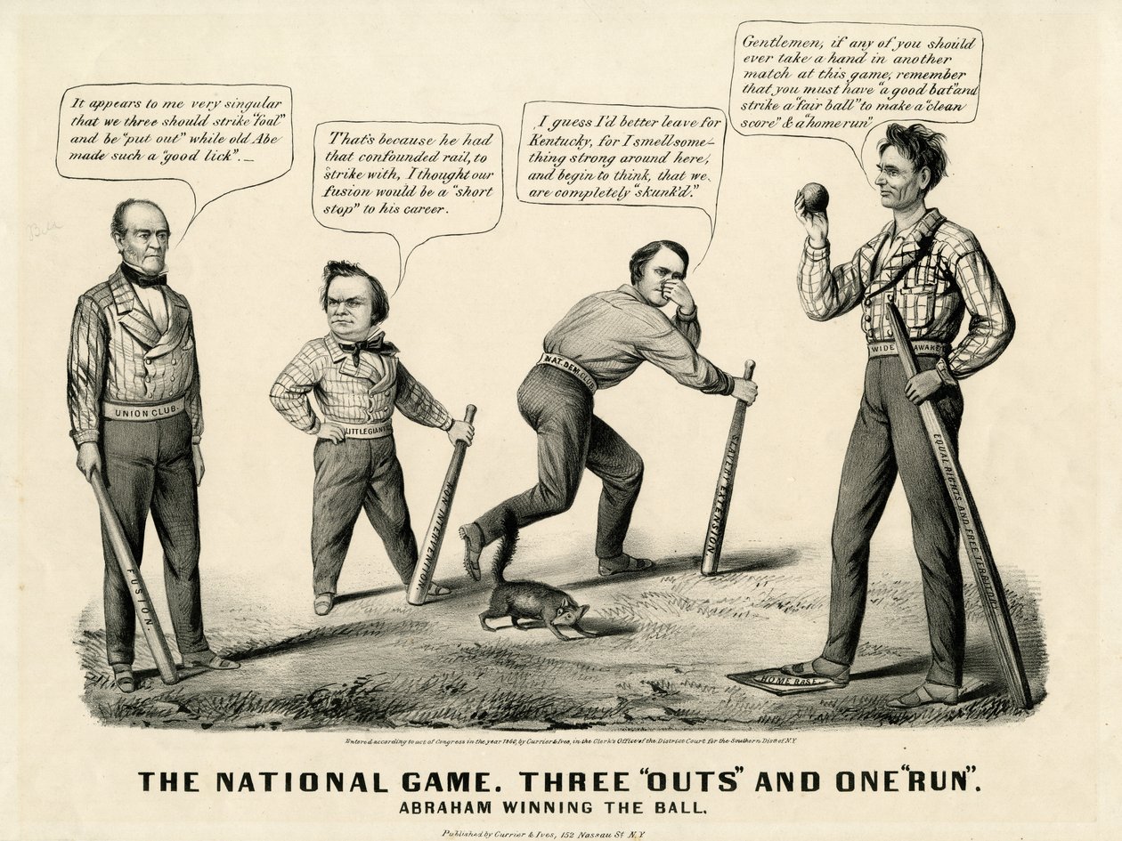 Det nationella spelet: Tre utvisningar och ett lopp, Abraham vinner bollen, 1860 av N. and Ives, J.M. Currier