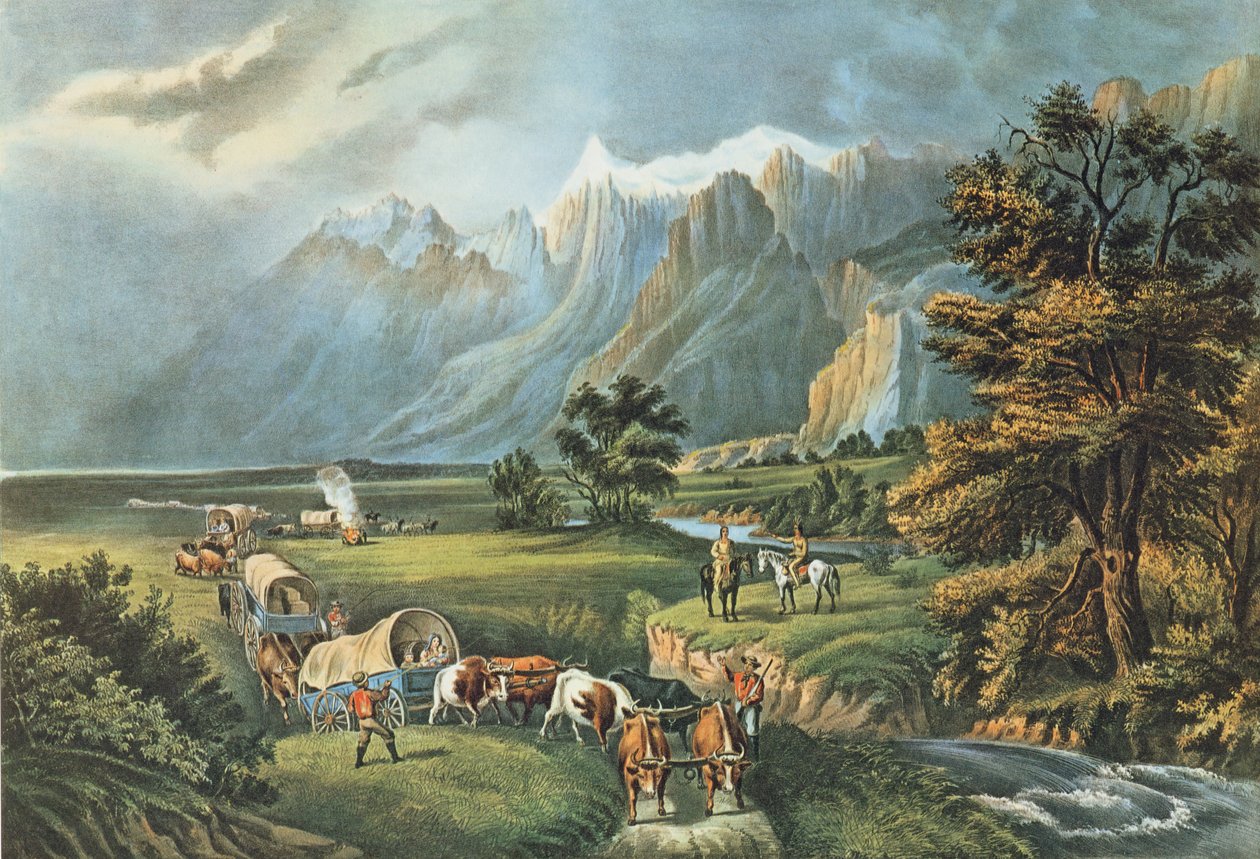 The Rocky Mountains: Emigrants Crossing the Plains, 1866 swed av N. and Ives, J.M. Currier