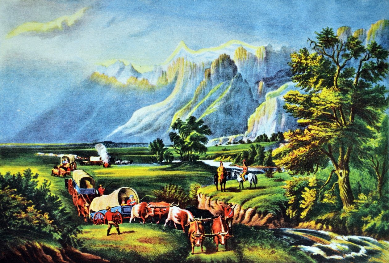 Klippiga bergen, Emigranterna som korsar slätterna av N. and Ives, J.M. Currier