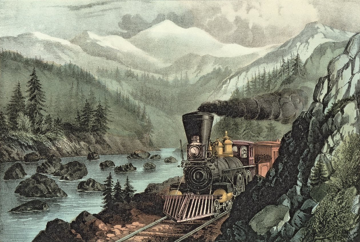 Vägen till Kalifornien. Truckee River, Sierra Nevada. Central Pacific railway, 1871 av N. and Ives, J.M. Currier
