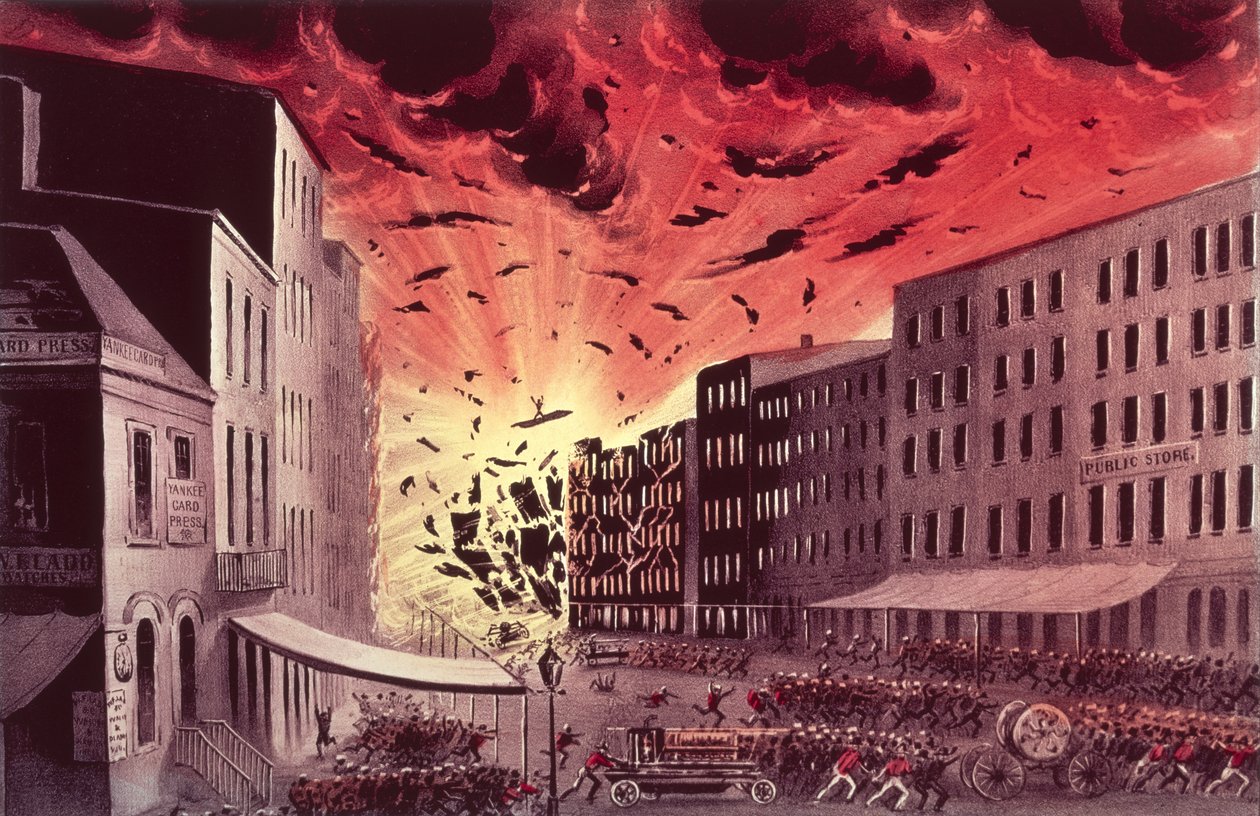 Utsikt över den fantastiska explosionen vid den stora branden i New York, 19 juli 1845, (tryck) av N. and Ives, J.M. Currier