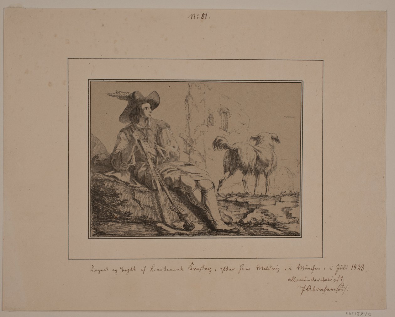 Sittande jägare och en hund av N.B. Krossing