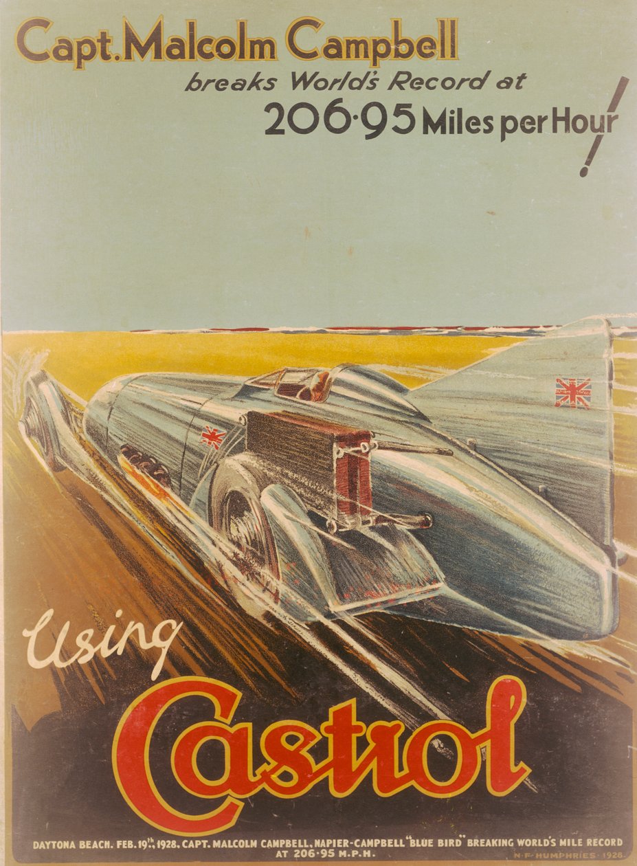 Affisch som annonserar Castrol, med Bluebird, 1928 av NF Humphries