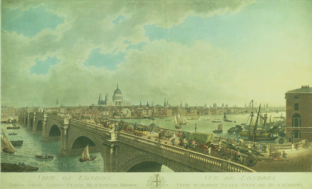 Vy över London från Albion Place, Blackfriars Bridge, graverad av Joseph Constantine Stadler (fl.1780-1812), pub. 1802 (akvatint) av N.R. Black
