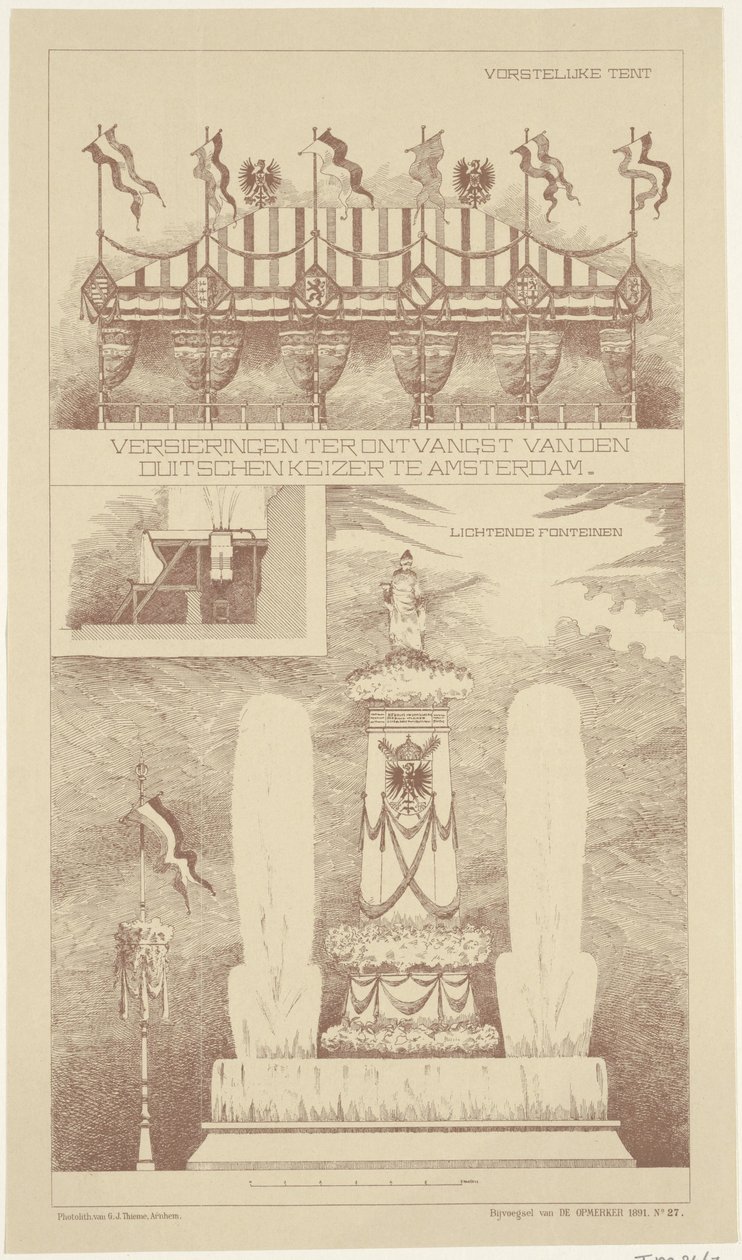 Dekorationer vid den tyska kejsarens besök i Amsterdam, 1891 Dekorationer för mottagandet av den tyske kejsaren i Amsterdam (titel på objekt) av NV Drukkerij G.J. Thieme