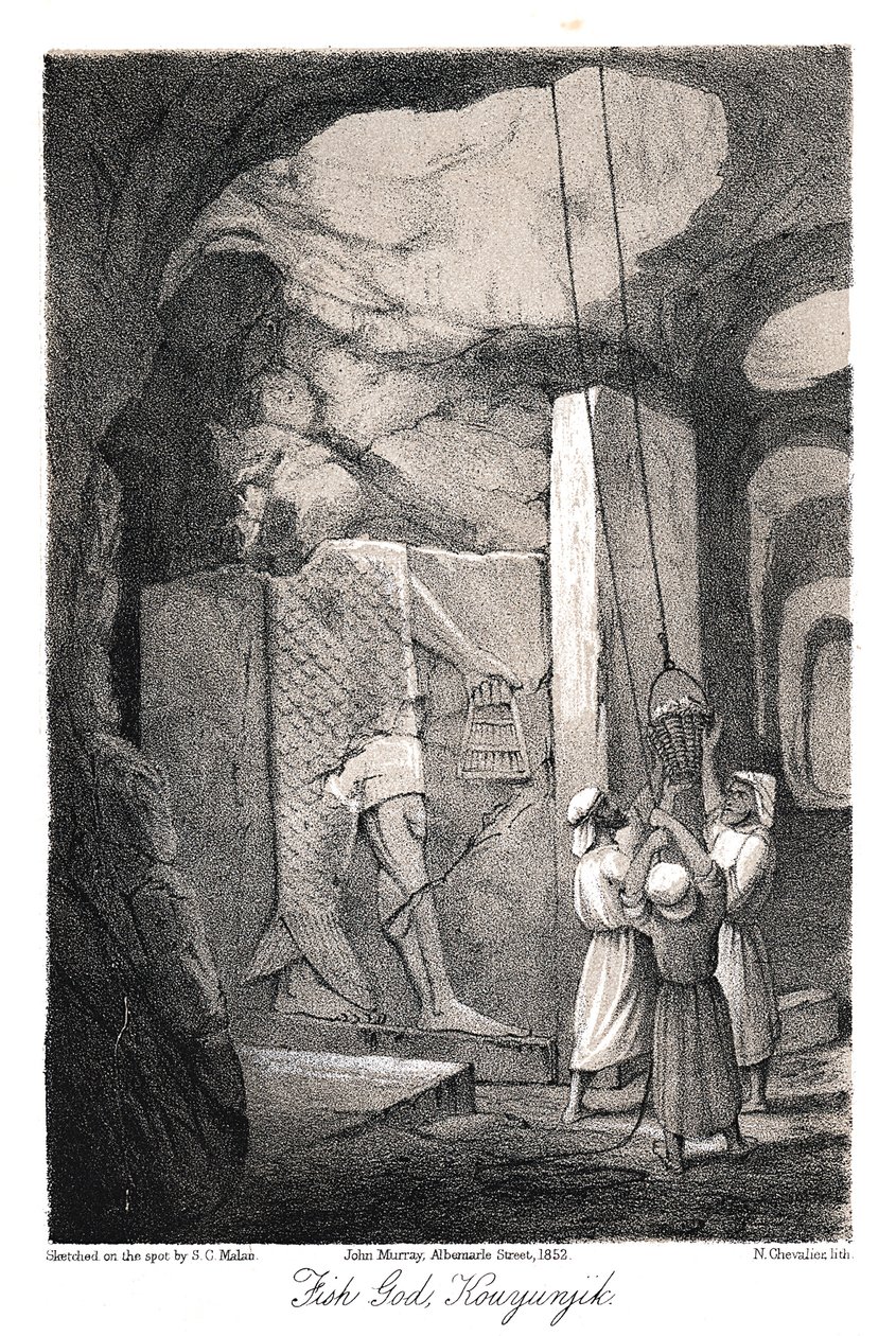 Utgrävning av en lågreliefristning av fiskguden Dagon, Nineve, 1853 av N. Chevalier