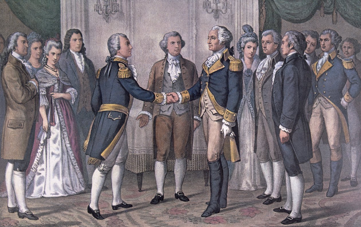 Det första mötet mellan general George Washington (1732-99) och markisen de La Fayette (1757-1834) Philadelphia, 3 augusti 1777, publicerad 1876 (litho i färg) av N. and Ives J.M. (after) Currier