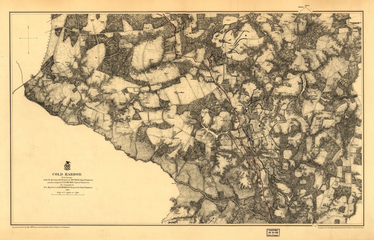 21 120. LC Civil War Maps (2nd ed.), 531.3 I detta nummer är kartan tryckt på en gul bakgrund med Chickahominy River färgad grön. Visar vägar, Virginia Central R. R., hus, staket, namn på invånare, vegetation, dränering och relief av ha av N. Michler