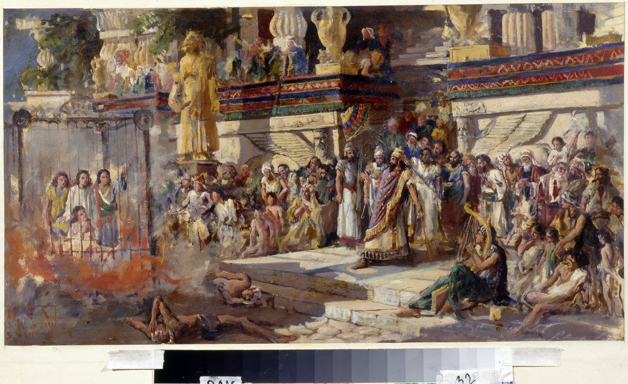 De tre unga judarna i den eldiga ugnen (The Three Young Men In The Fiery Furnace). Nebukadnessar II, kung av Babylon mellan 605 och 562 f.Kr., lät kasta de tre judarna som vägrade att böja sig inför sin gyllene staty i elden. Sedan Q av N. T. Malyshev