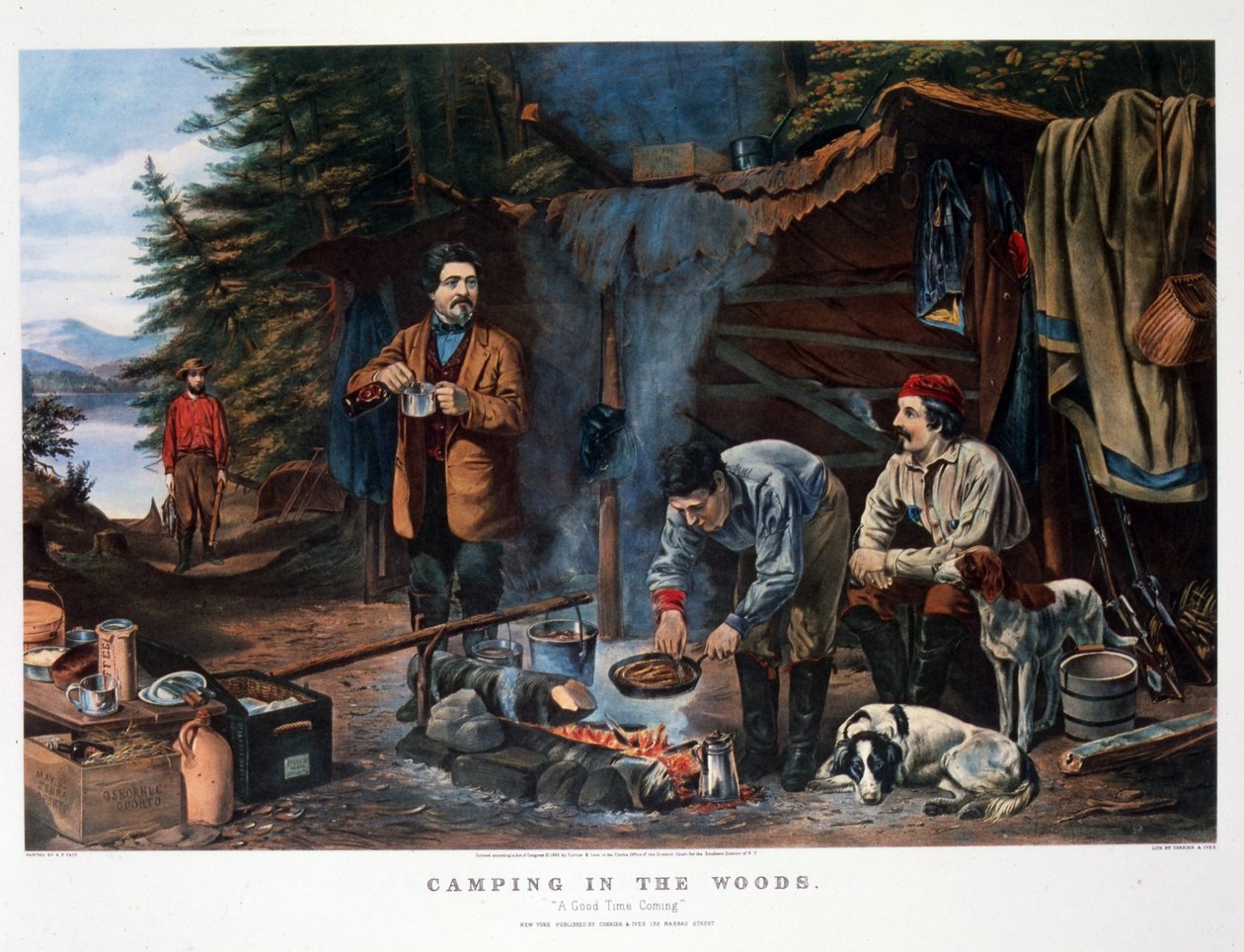 Camping i skogen "A Good Time Coming". Av Arthur Tait (Currier  Ives) av N. and Ives J.M. (1824 95) Currier