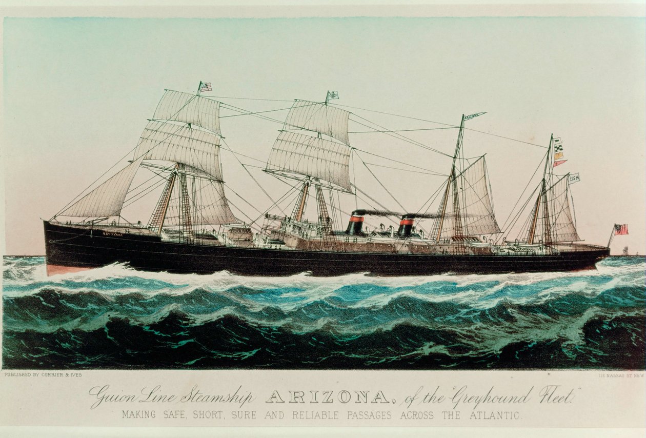 Guion Lines ångfartyg Arizona från Greyhound-flottan, som gör säkra, korta, trygga och pålitliga passager över Atlanten ... (färgat tryck) av N. and Ives J.M. (1824 95) Currier