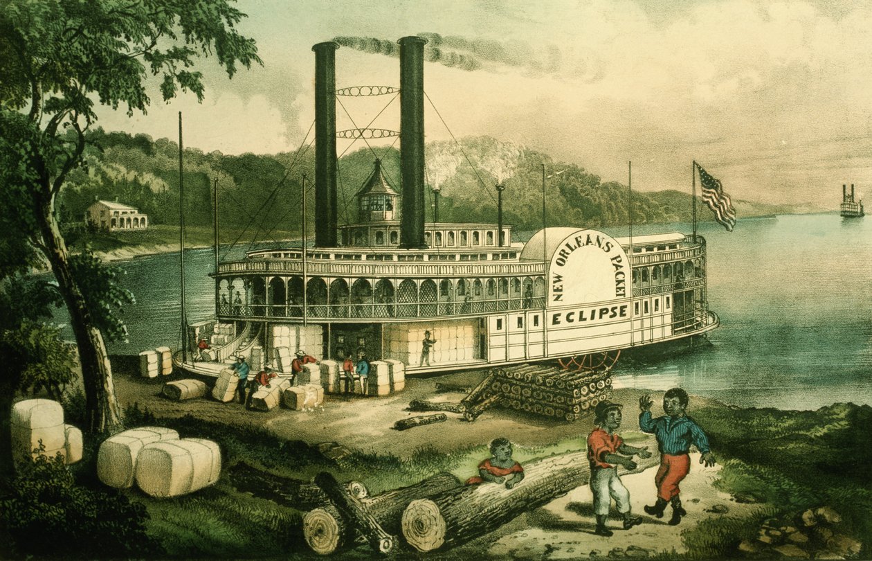 Lastning av bomull på Mississippi av N. and Ives J.M. (1824-95) Currier
