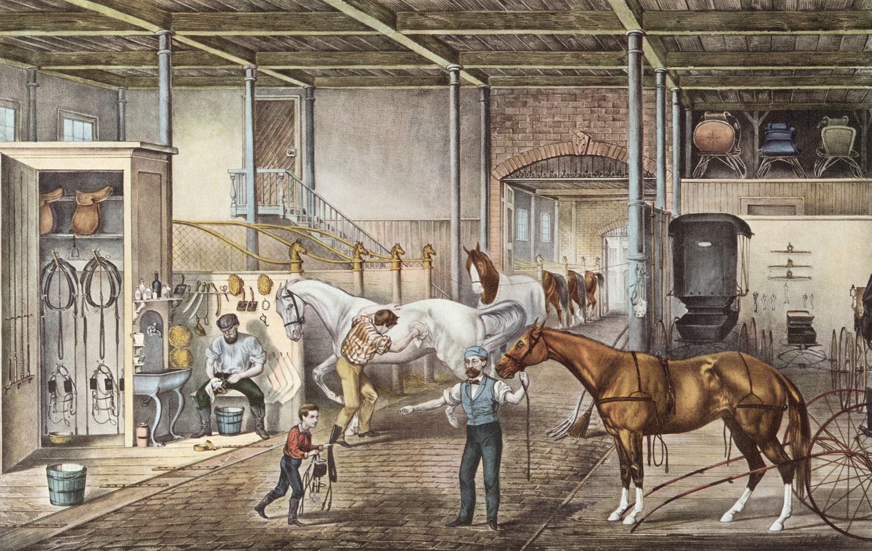 Modellstall där pojkar och hästskötare verkligen tar hand om hästar, gravyr från boken "America" av Currier och Yves 1870 av N. and Ives J.M. (1824 95) Currier