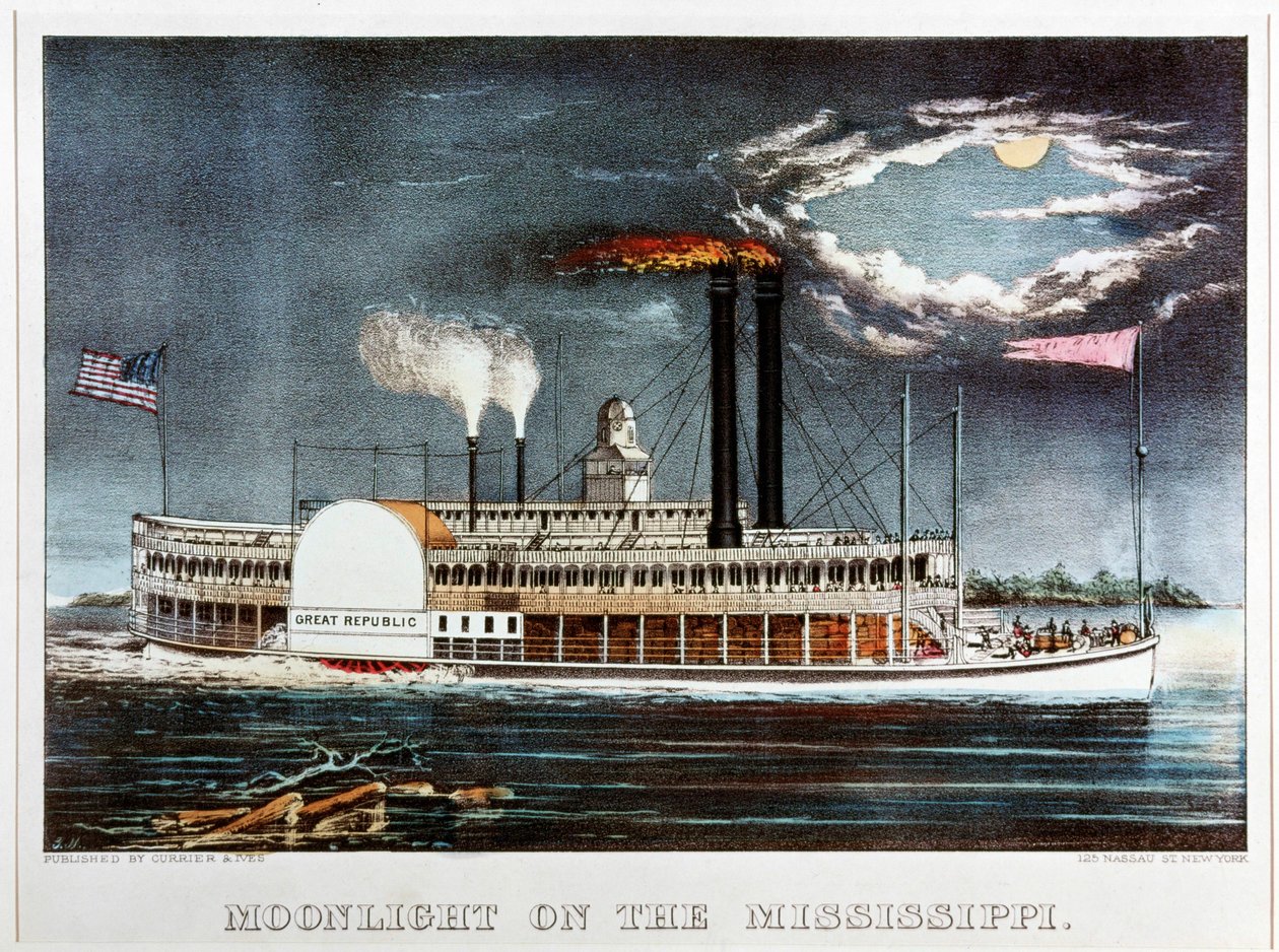 Månsken på Mississippi, ångaren Great Republic ... (färgtryck) av N. and Ives J.M. (1824-95) Currier