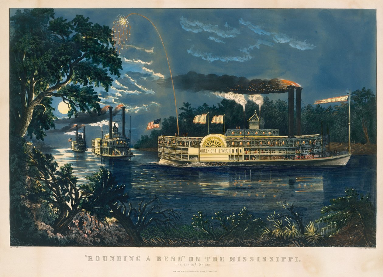 "Rounding a Bend" på Mississippi – The Parting Salute av Currier and Ives