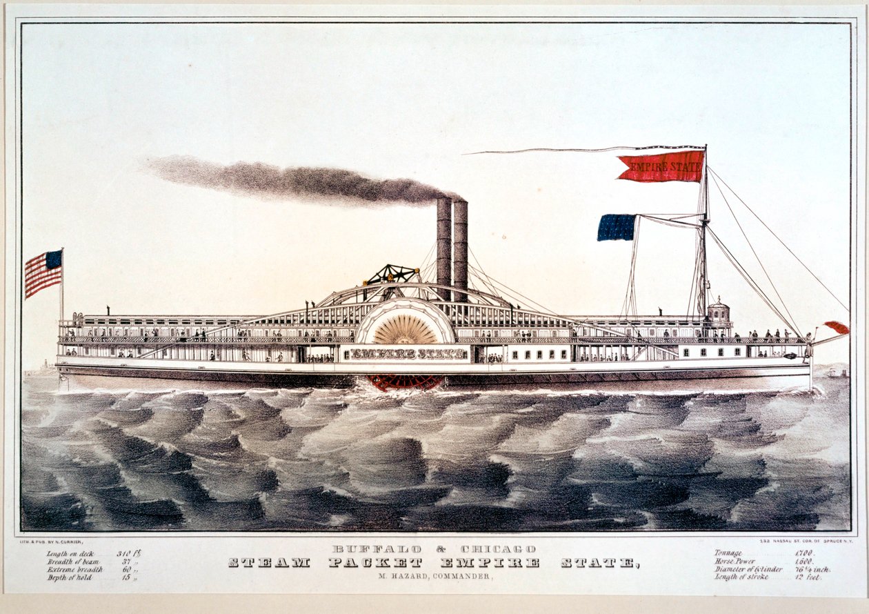 Ångpacksbåten Empire State, som förbinder Buffalo och Chicago ... (färgtryck) av N. and Ives J.M. (1824-95) Currier
