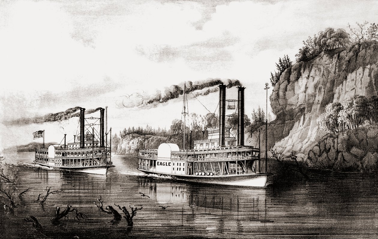 Ångbåtar som tävlar på Mississippifloden, USA. av N. and Ives J.M. Currier