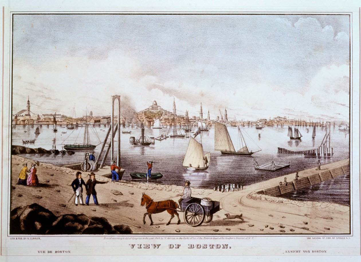 Vy över Boston med Bostons hamn ... (färgtryck) av N. and Ives J.M. (1824-95) Currier