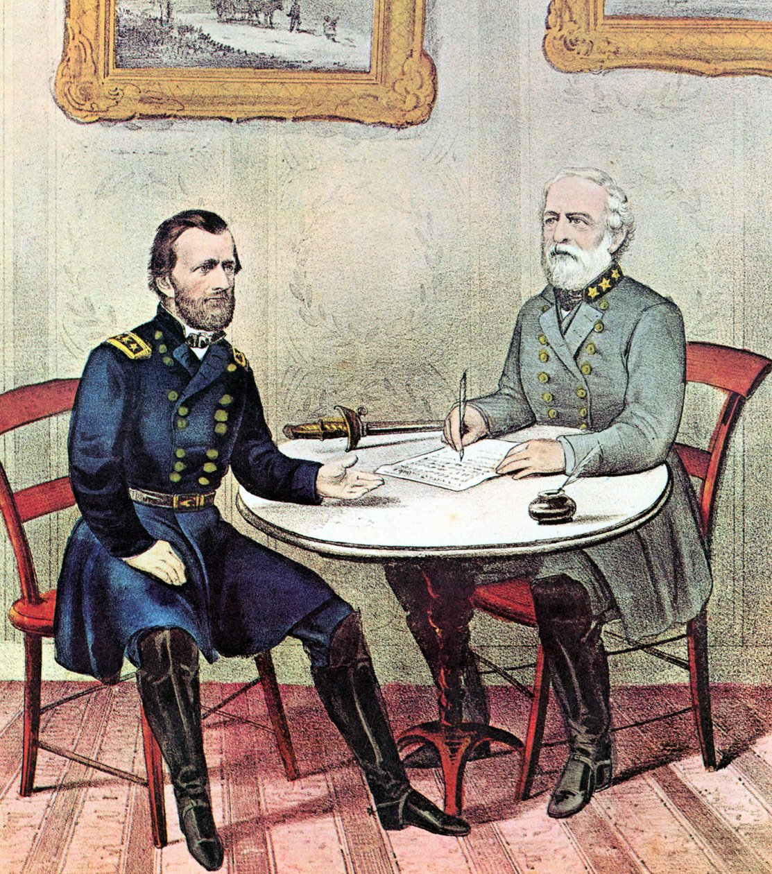 Amerikanska inbördeskriget: Generalerna Grant (t.v.) och Lee träffas på Palmsöndagen 1865 för att komma överens om villkoren för kapitulationen av Lees armé i norra Virginia av N. and Ives J.M. (1824 95) Currier