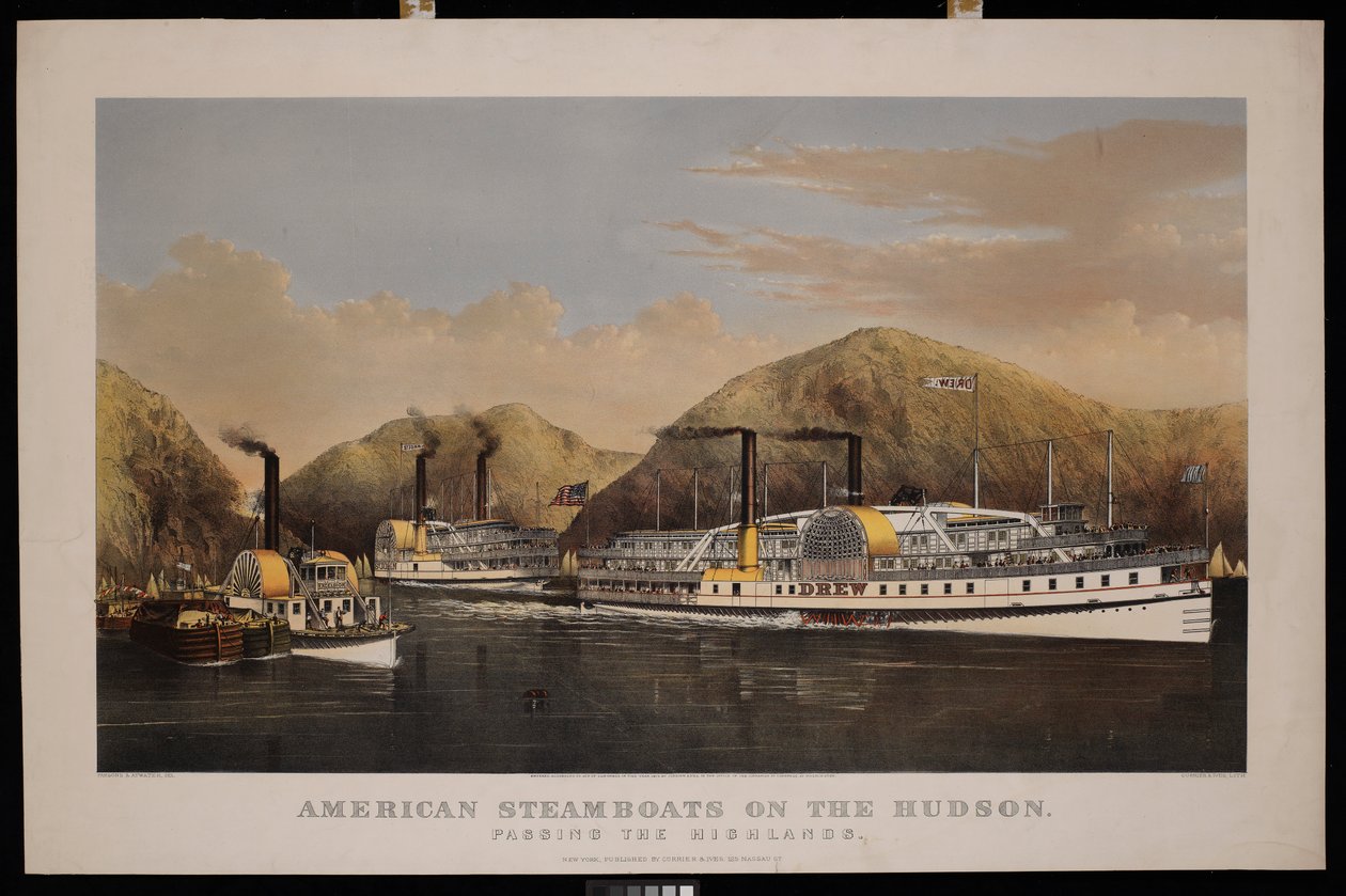 Amerikanska ångbåtar på Hudsonfloden. Passerar högländerna. Drew, St John och Excelsior av N. and Ives J.M. (1824 95) Currier