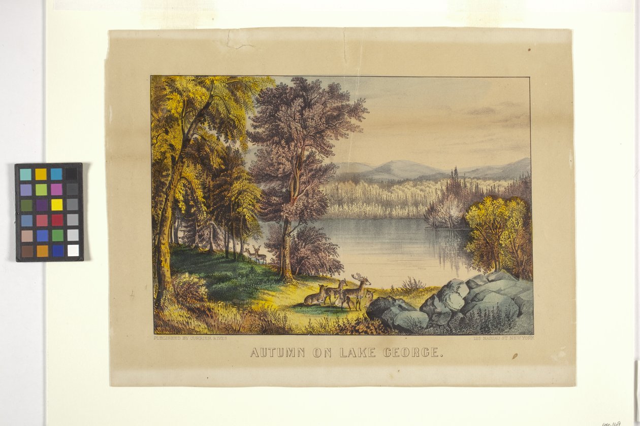Autumn On Lake George (handfärgad litografi) av N. and Ives J.M. (1824 95) Currier