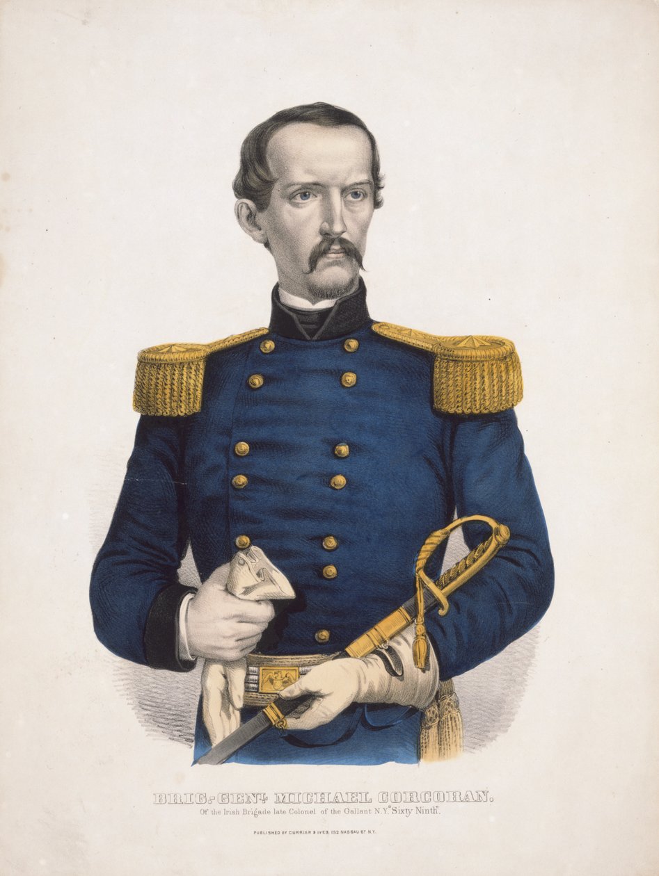 Brig.-Genl. Michael Corcoran från den irländska brigaden avlidne översten i det galanta N.Y. "Sixty Ninth" av Currier and Ives