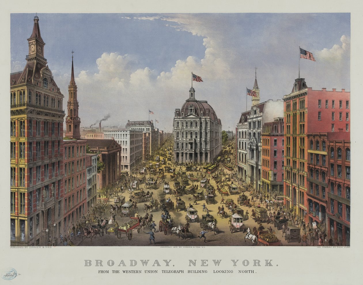 Broadway, New York från Western Unions telegrafbyggnad ser norrut av Currier and Ives