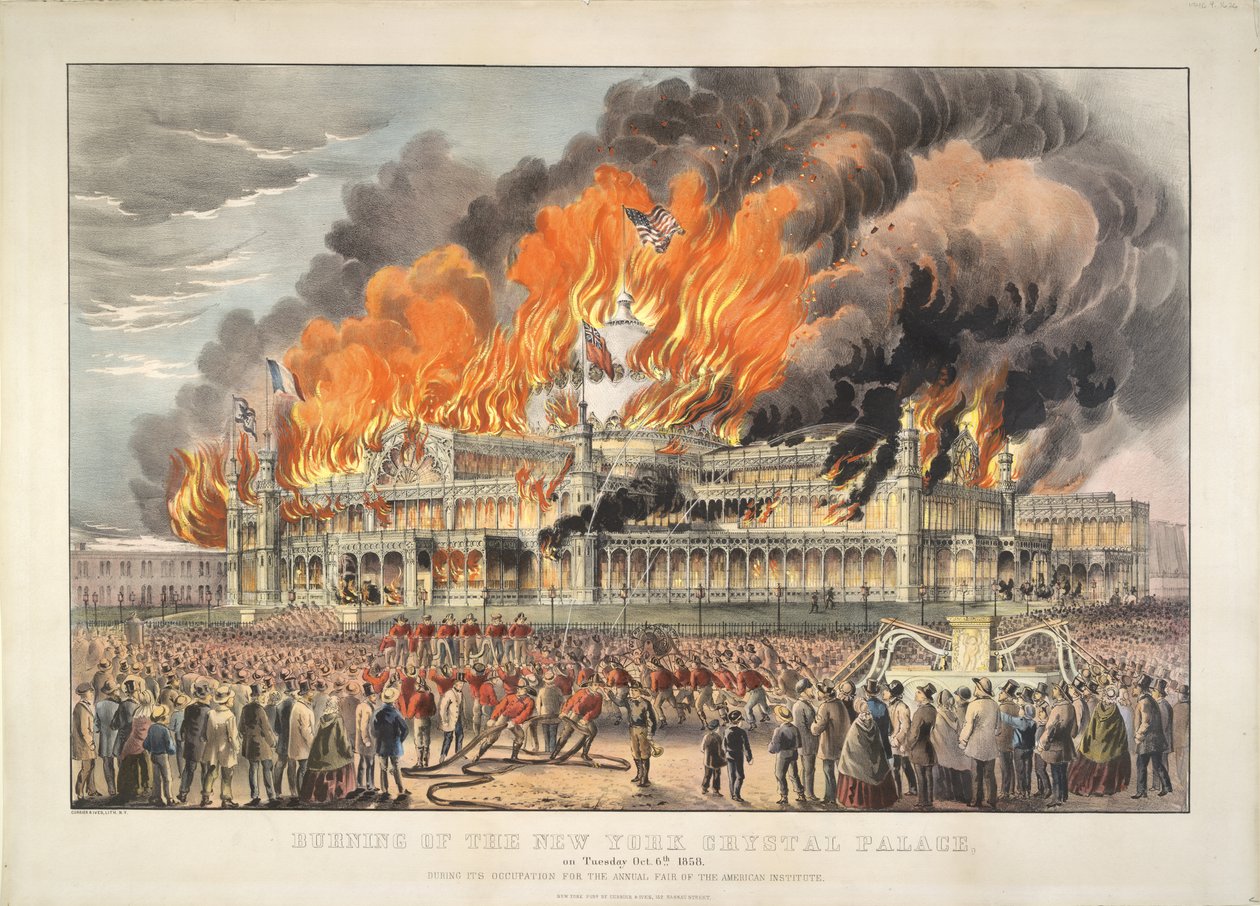 Bränning av New York Crystal Palace tisdagen den 5 oktober 1858 (färglitografi)   Färgad litografi av Currier and Ives