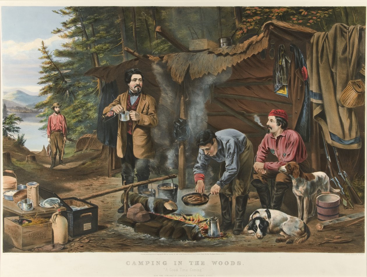 Camping i skogen "A Good Time Coming" (färglitografi) av Currier and Ives