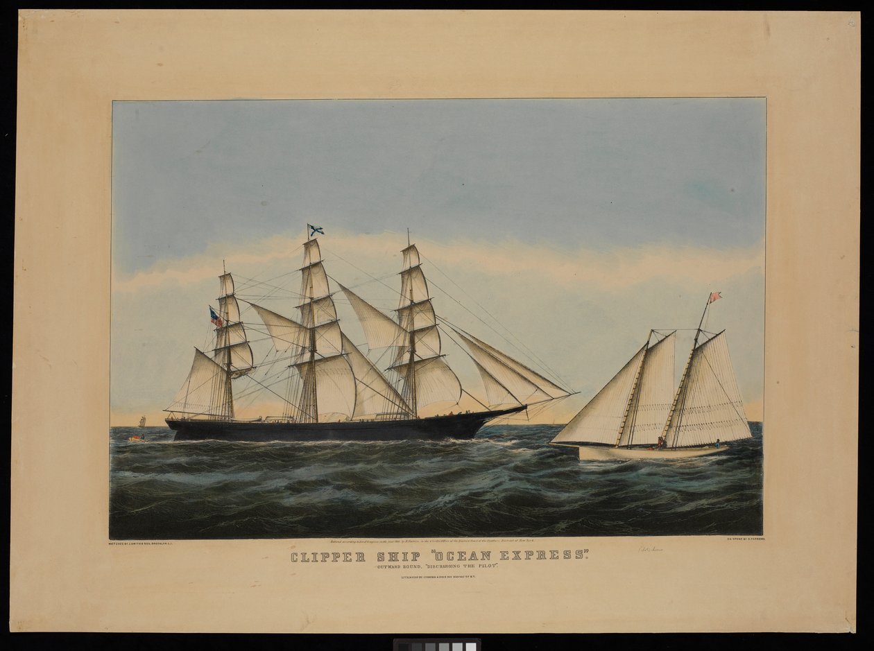 Clipperfartyget Ocean Express på väg ut "släpper av lotsen" av N. and Ives J.M. (1824 95) Currier