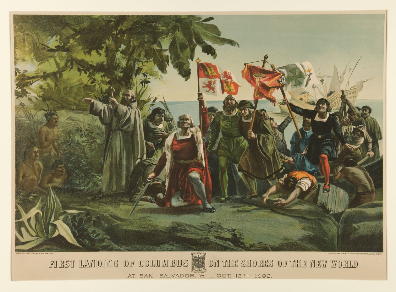 Columbus första landning på den nya världens stränder av Currier and Ives