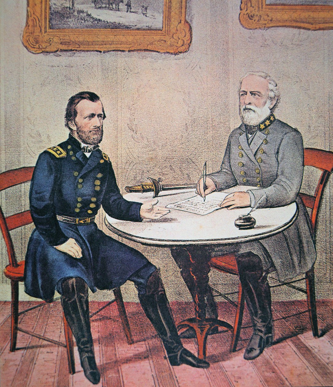 General Robert E. Lee (1807-70) kapitulerar till general Ulysses S. Grant (1822-85) vid Appomattox Courthouse, 9 april 1865 (lito i färg) av Currier and Ives