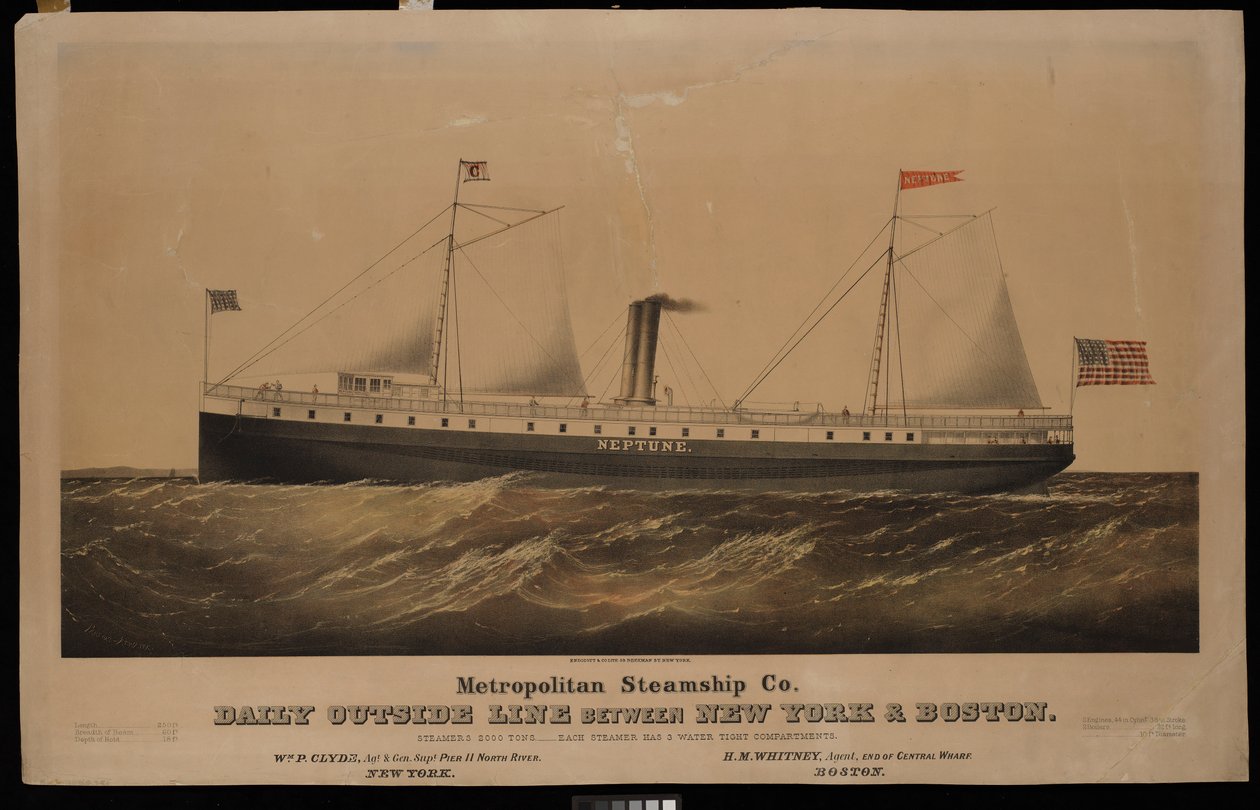 Metropolitan Steamship Co. daglig linje mellan New York och Boston... Neptune (litografi, färglagd) av N. and Ives J.M. (1824 95) Currier