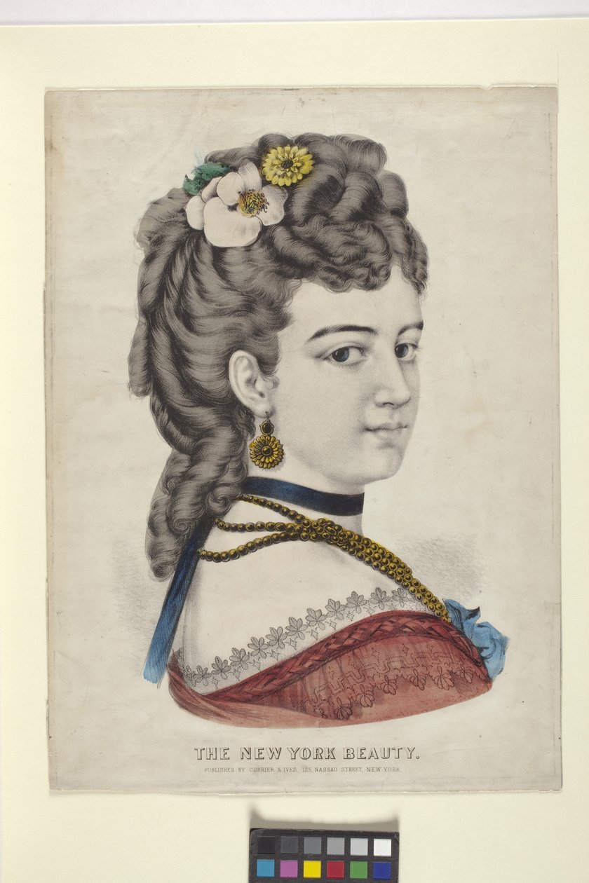 New York Beauty/The Vignette (handfärgad litografi) av N. and Ives J.M. (1824 95) Currier