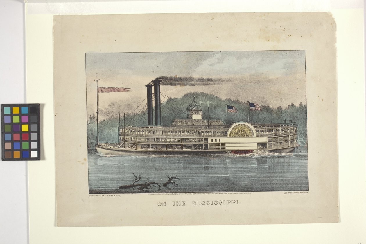 On The Mississippi (handfärgad litografi) av N. and Ives J.M. (1824 95) Currier