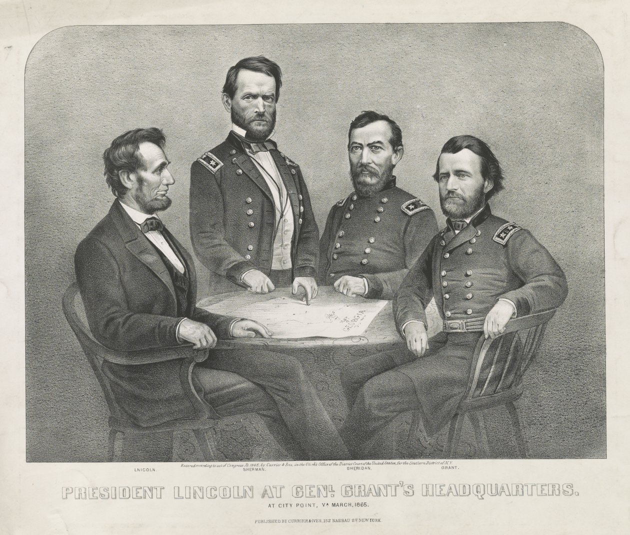 President Lincoln vid Genl. Grants högkvarter, ca 1865 (litografi) av Currier and Ives