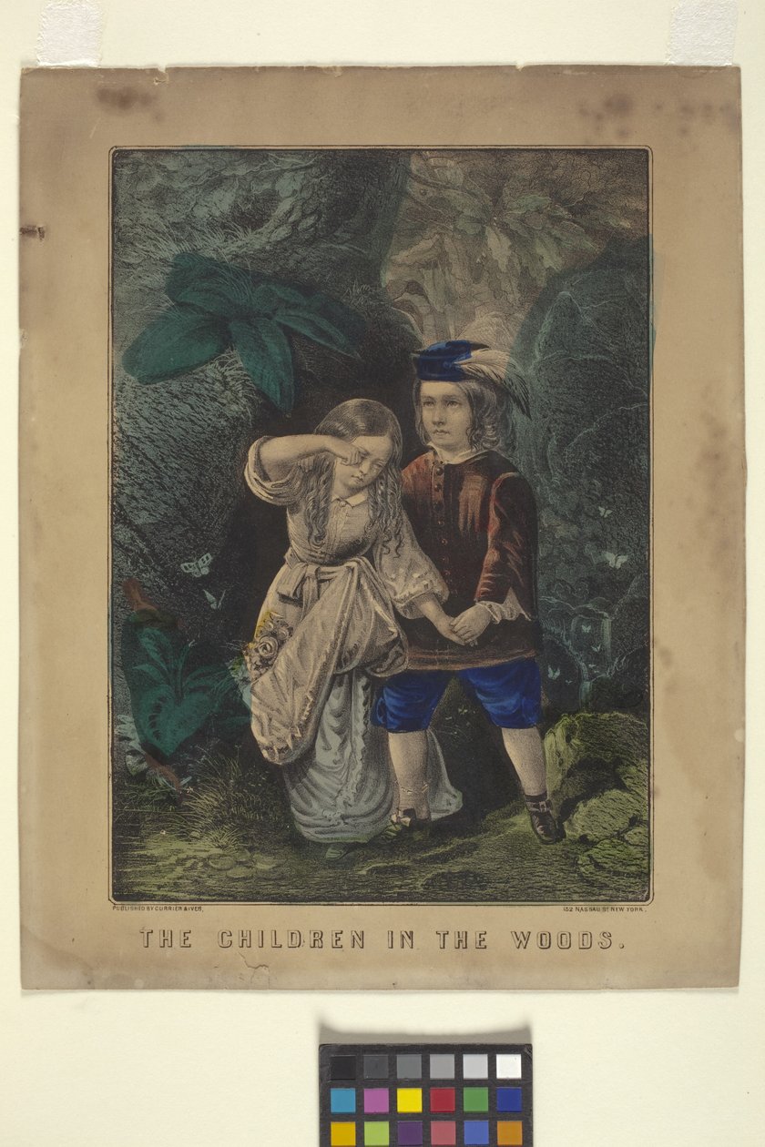Barnen i skogen (handfärgad litografi) av N. and Ives J.M. (1824 95) Currier