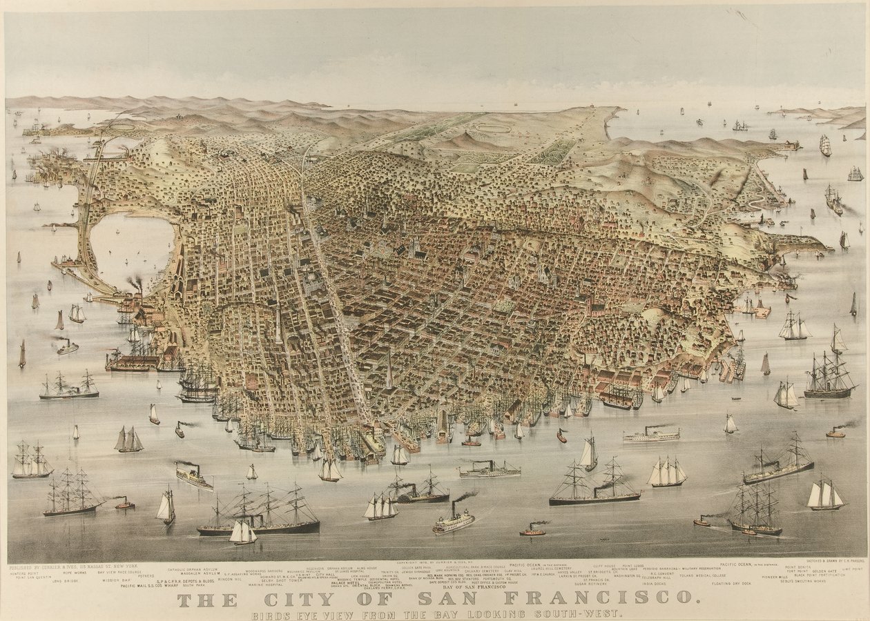 The City of San Francisco - Fågelperspektiv från bukten, med utsikt mot sydväst av Currier and Ives