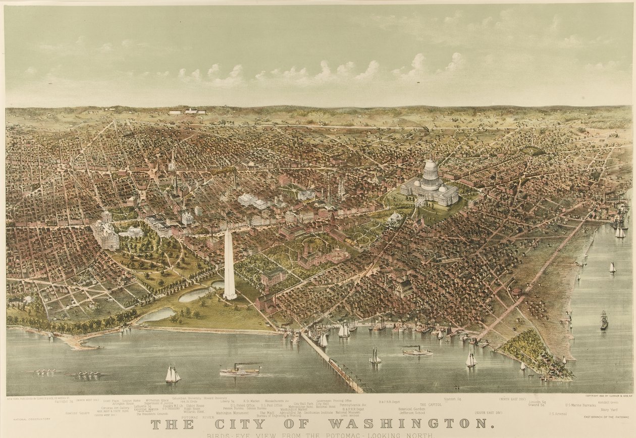 The City of Washington: Fågelperspektiv från Potomac mot norr av Currier and Ives
