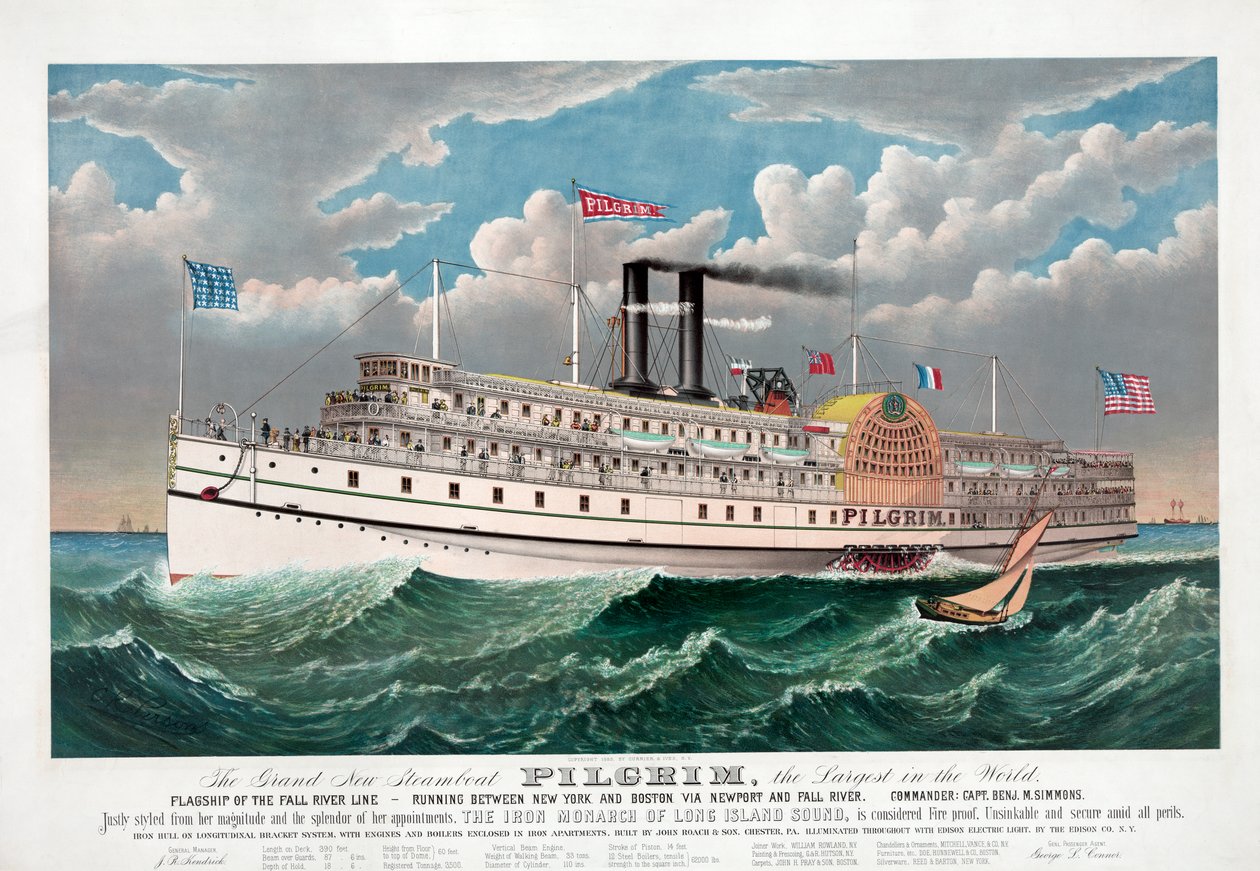 The Grand New Steamboat Pilgrim, ca 1883 (färg litho) av Currier and Ives