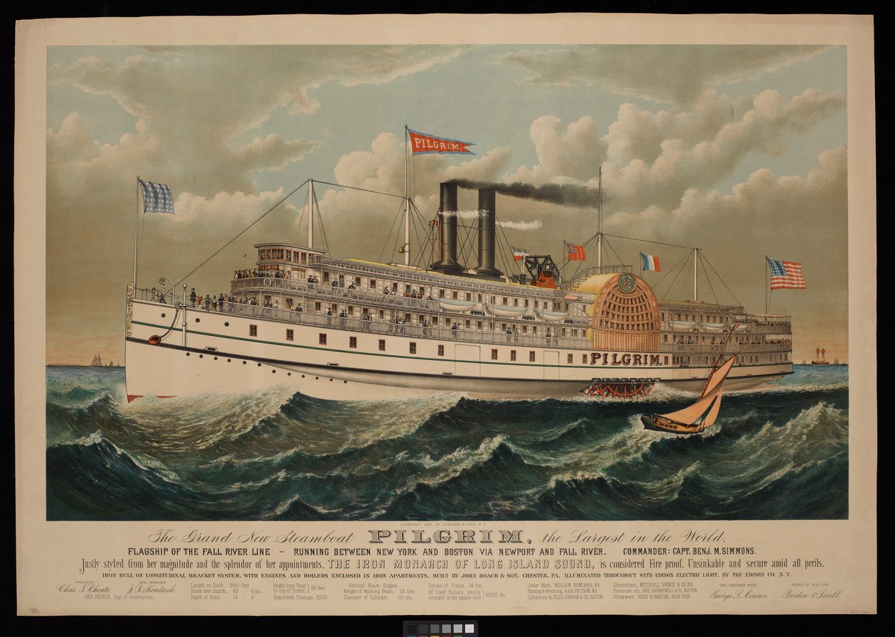 Den nya stora ångbåten Pilgrim, den största i världen. Flaggskepp på Fall River Line - som går mellan New York och Boston via Newport och Fall River av N. and Ives J.M. (1824 95) Currier