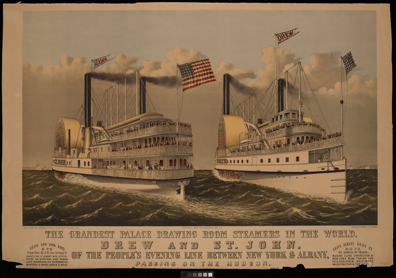 De förnämsta Palace Drawing Room ångbåtarna i världen, Drew och St John från Peoples Evening Line mellan New York och Albany... av N. and Ives J.M. (1824 95) Currier