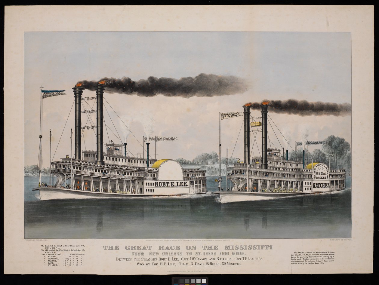 Det stora racet på Mississippi från New Orleans till St. Louis 1210 miles. Mellan ångarna Robt. E. Lee... och Natchez... Vann av R.E. Lee av N. and Ives J.M. (1824 95) Currier