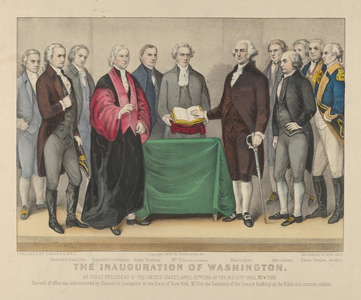 Invigningen av Washington som USA:s förste president den 30 april 1789 i Old City Hall, New York av Currier and Ives