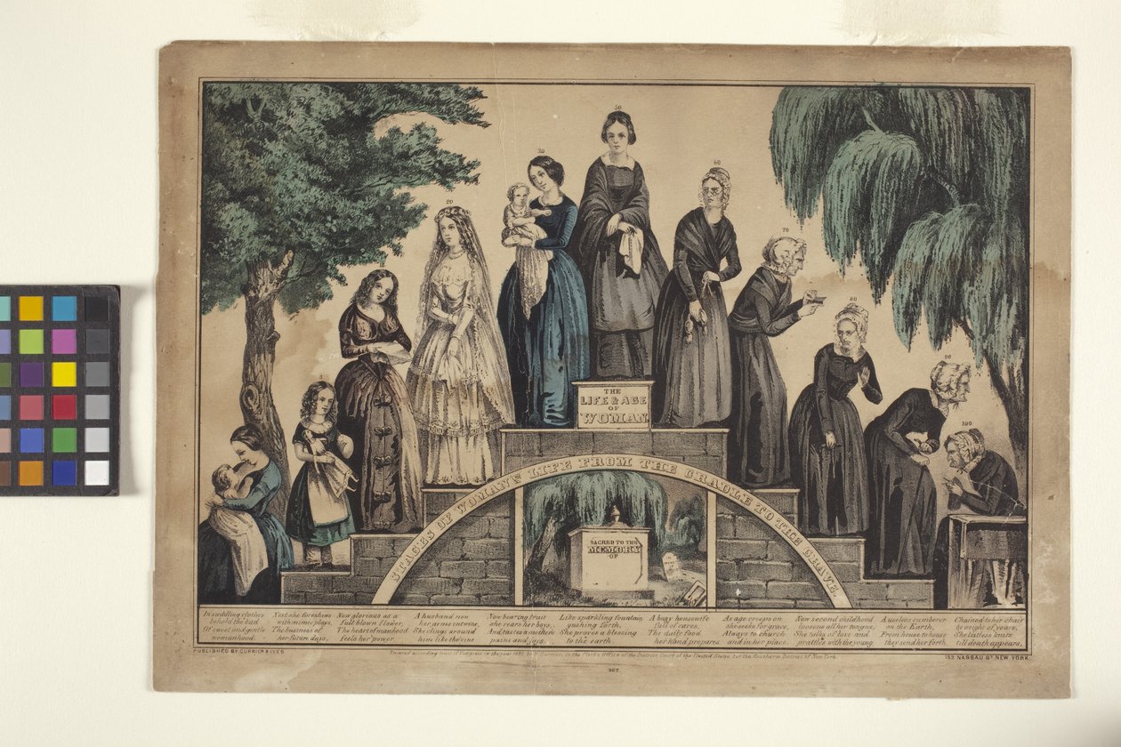 Kvinnans liv och ålder/stadier av kvinnans liv från vaggan till graven (handfärgad litografi) av N. and Ives J.M. (1824 95) Currier