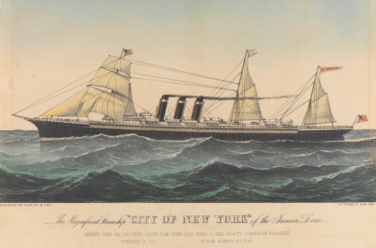 Det magnifika ångfartyget "City of New York" från Inman Line, slutet av 1800-talet (litografi, färglagd) av N. and Ives J.M. (1824 95) Currier