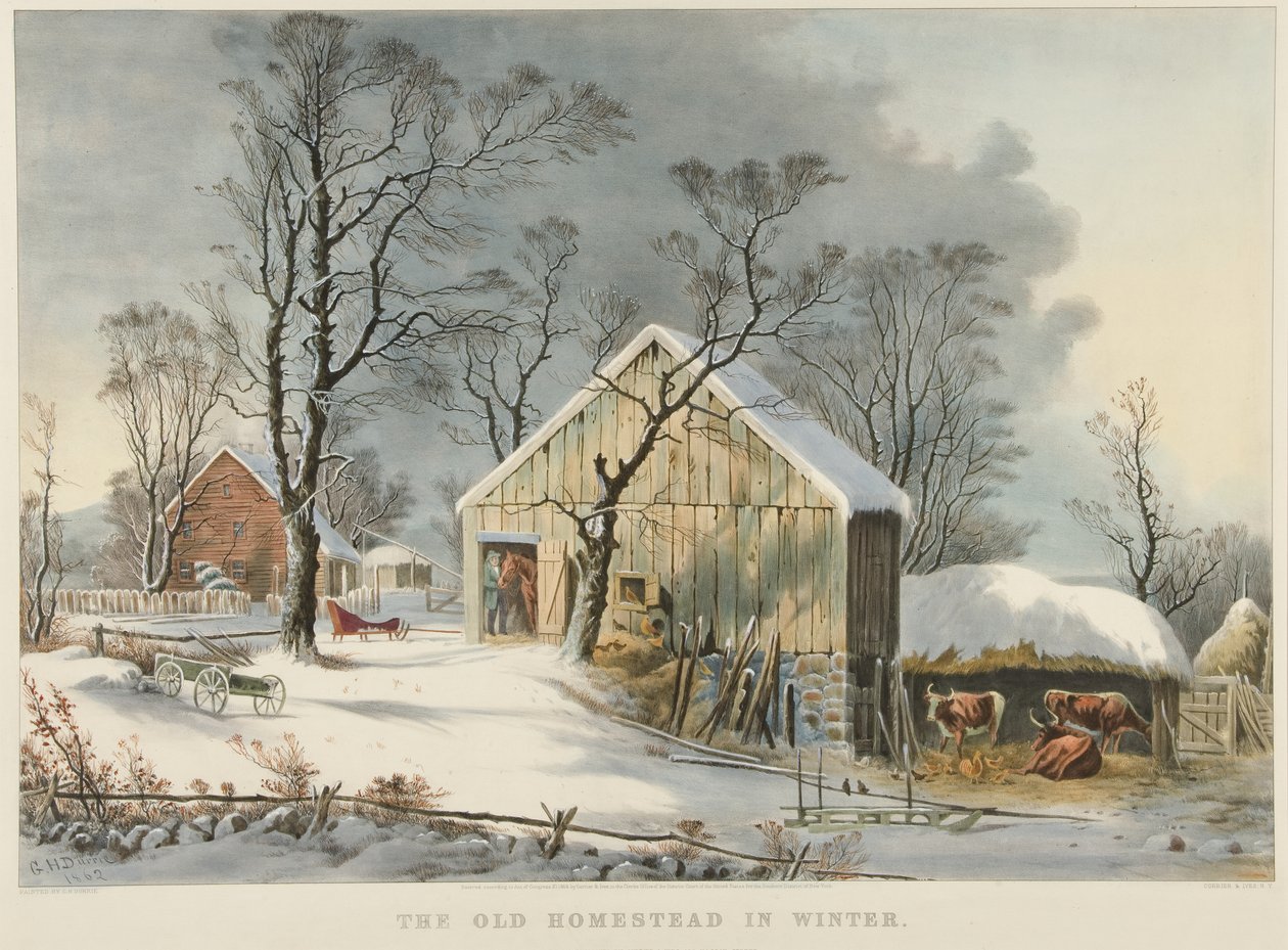 Gamla hembygdsgården på vintern av Currier and Ives