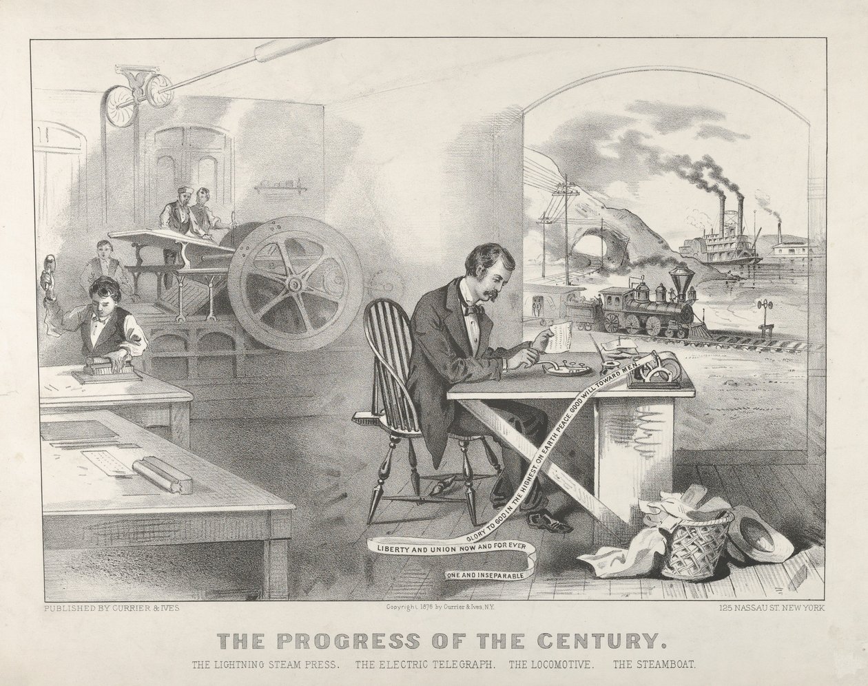 Århundradets framsteg: The Lightning Steam Press, The Electric Telegraph, The Locomotive, The Steamboat av Currier and Ives